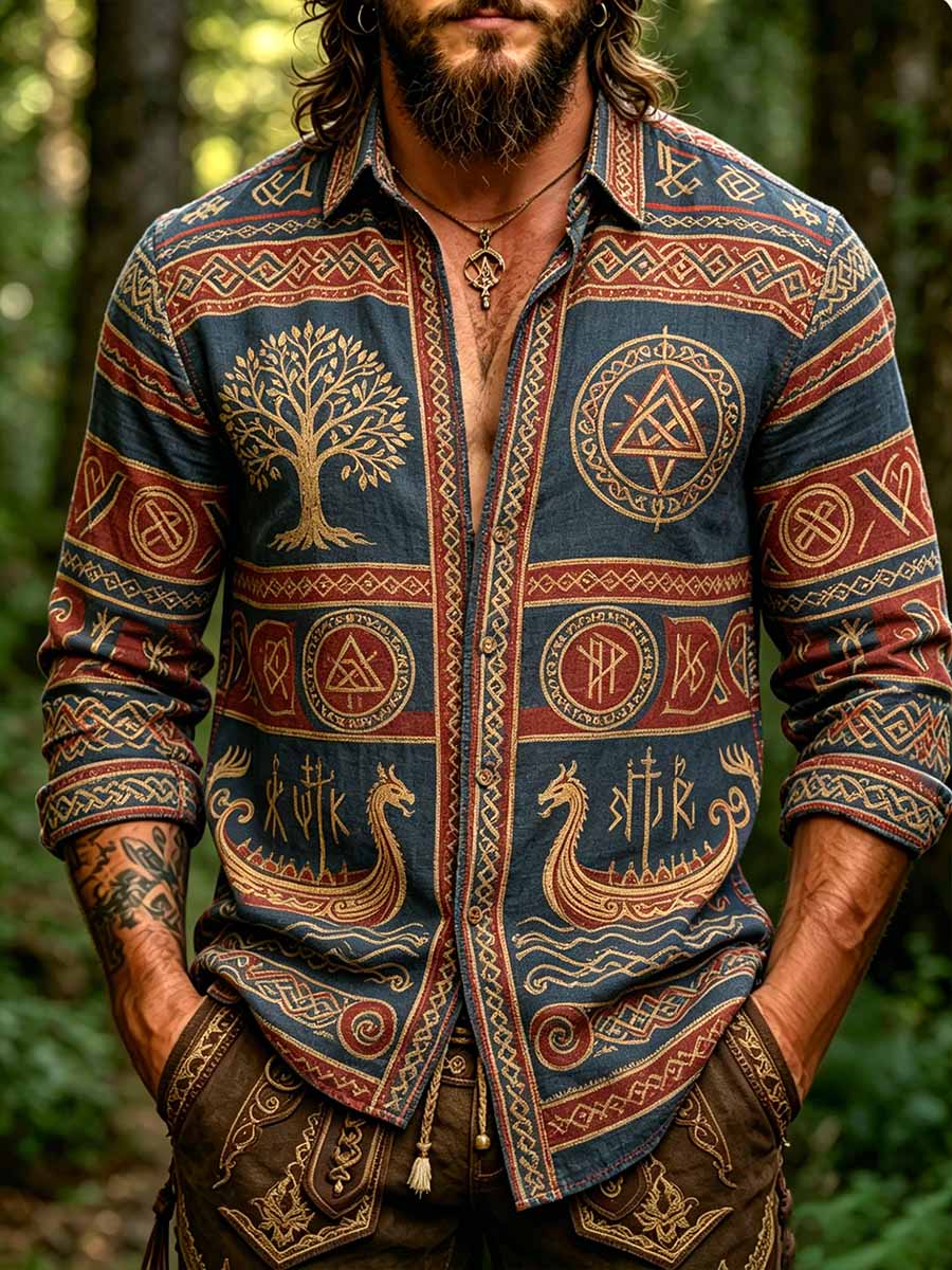 Menns Fashionskjorte med Vikingkunsttrykk
