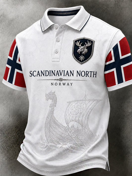 Herre retro polotrøye i nordisk stil med norsk kunsttrykk
