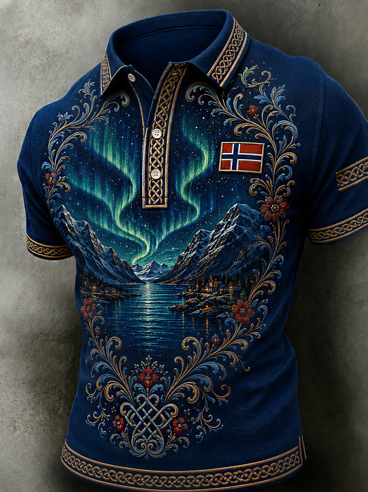 Herre retro polotrøye i nordisk stil med norsk kunsttrykk