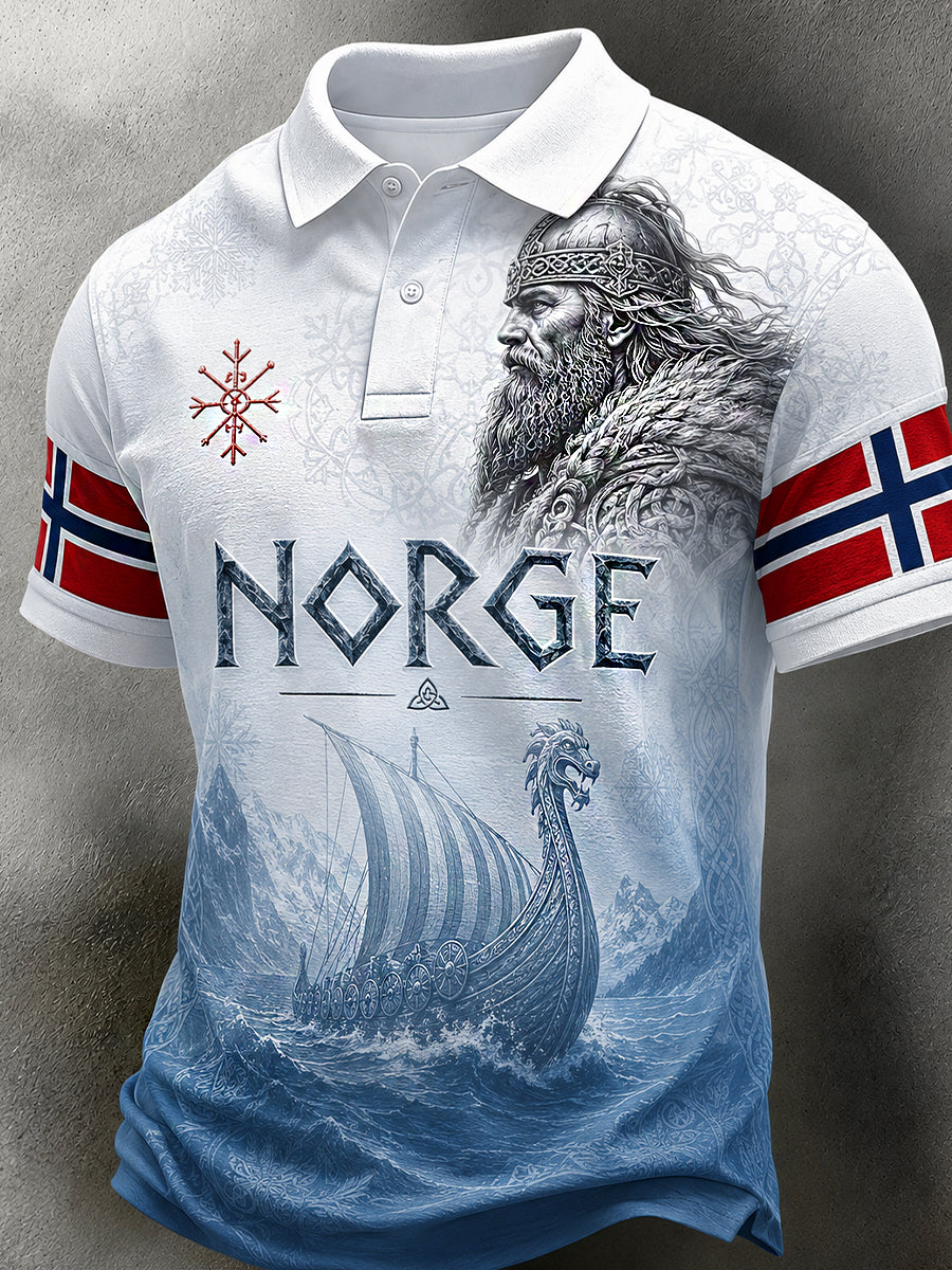 Menns Retro Nordisk-stil Polo-skjorte med norsk kunst utskrift.