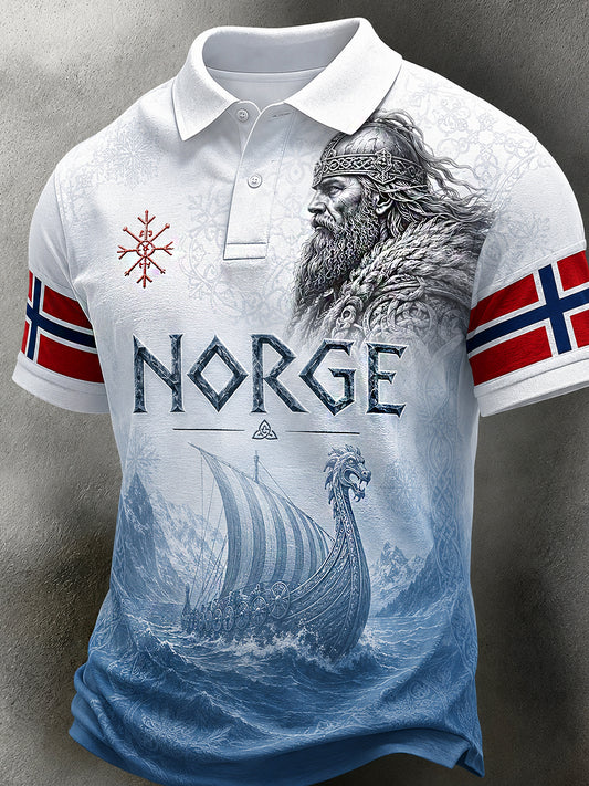Herre Retro Nordisk-stil Poloskjorte med norsk kunsttrykk.