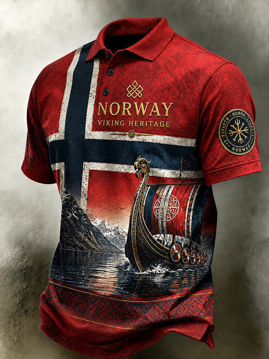 Herre retro polotrøye i nordisk stil med norsk kunsttrykk