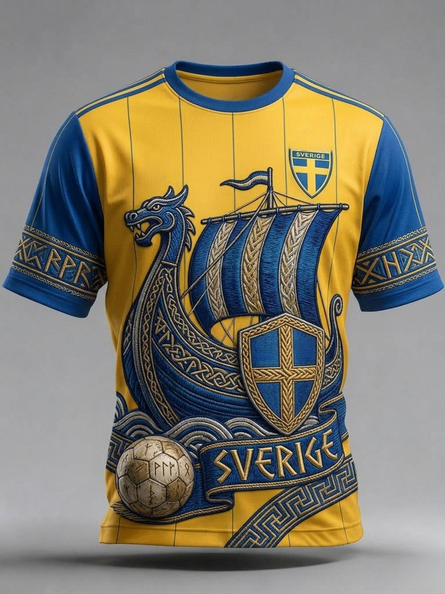 Herrtröja i retrostil med svensk fotboll 2026 tryckt på