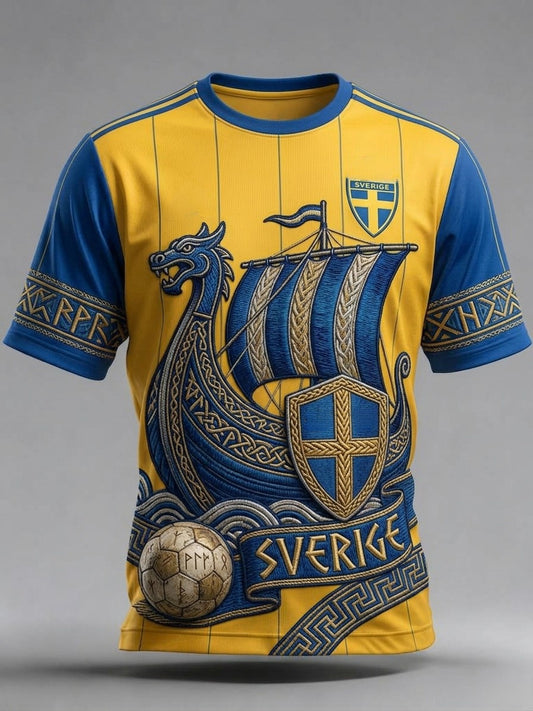 Herregenser i retrostil med svensk fotball 2026 trykt på
