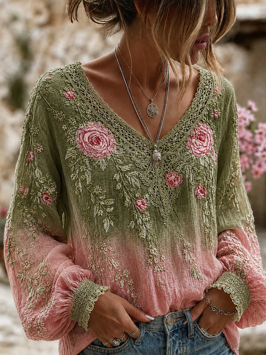 Damegenser i vintagestil med blomstret kunsttrykk, laget av bomull og lin
