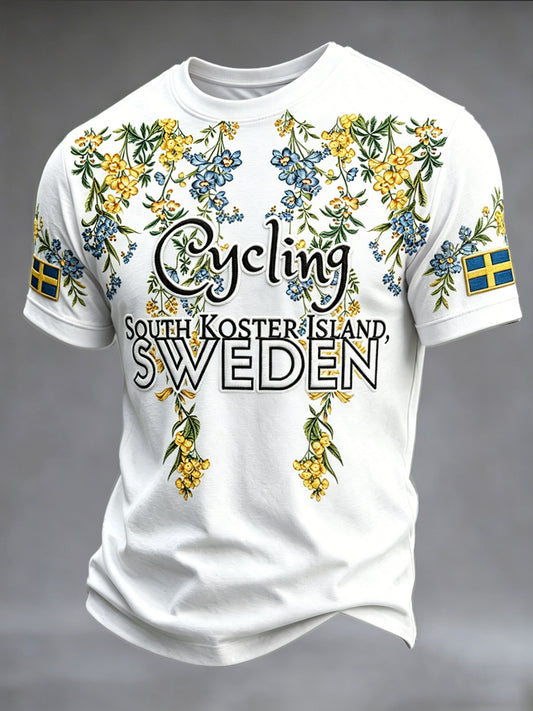 Hvit Svensk Sykling Blomstertrykk Avslappet T-skjorte