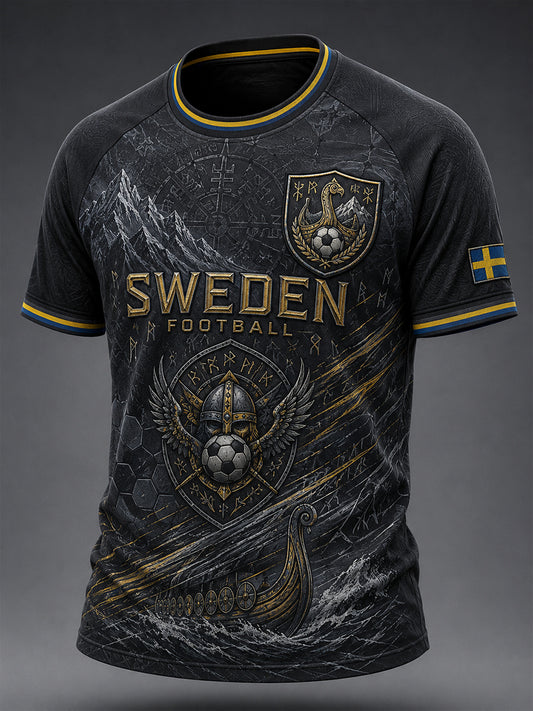 Herregenser med fotballmotiv, fargeblokkdesign, raglanermer og korte ermer