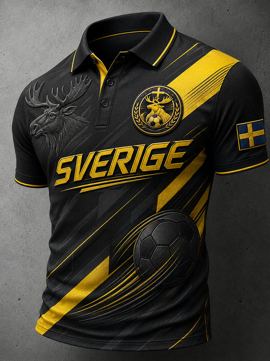 Piquépolo til herre med korte ermer og fotballtema i fargeblokkdesign