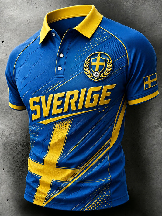 Piquépolo til herre med korte ermer og fotballtema i fargeblokkdesign