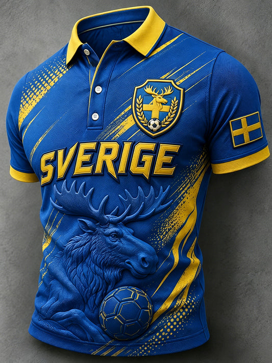 Polo-skjorte med fargeblokket trykk og kort erme med fotballtema for menn