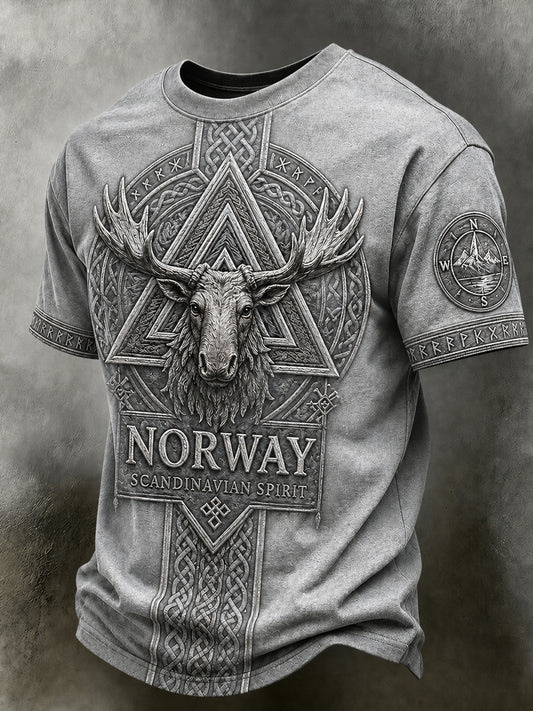 Uformell retrotrøye i nordisk stil til menn med norsk kunsttrykk