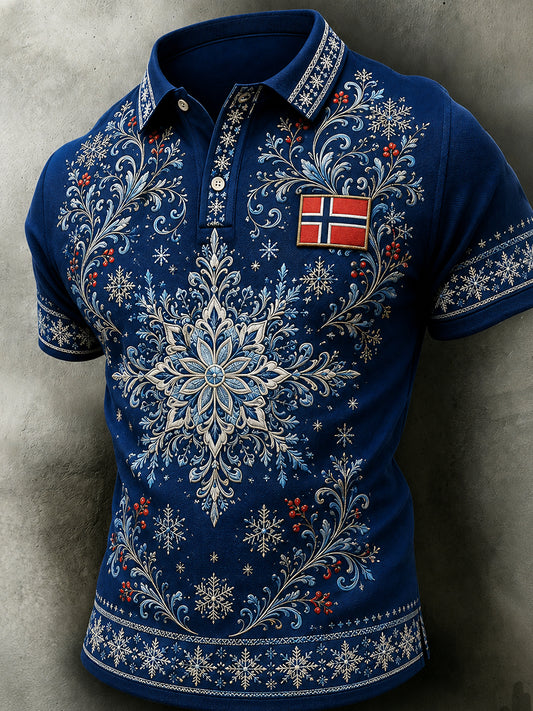 Uformell retrotrøye i nordisk stil til menn med norsk kunsttrykk