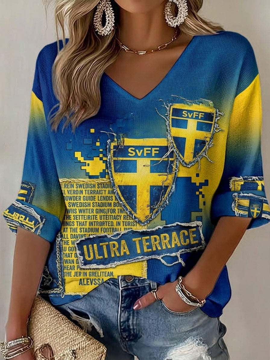 Kvinnors Retro Svenska 2026 Fotboll Patchwork Art Våffle Stick Topp