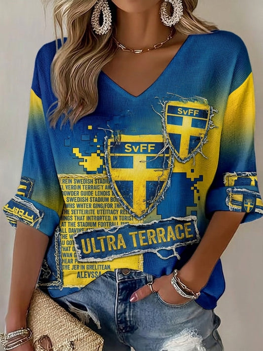 Retro svensk 2026 fotball patchwork-art vaffelstrikktopp for kvinner