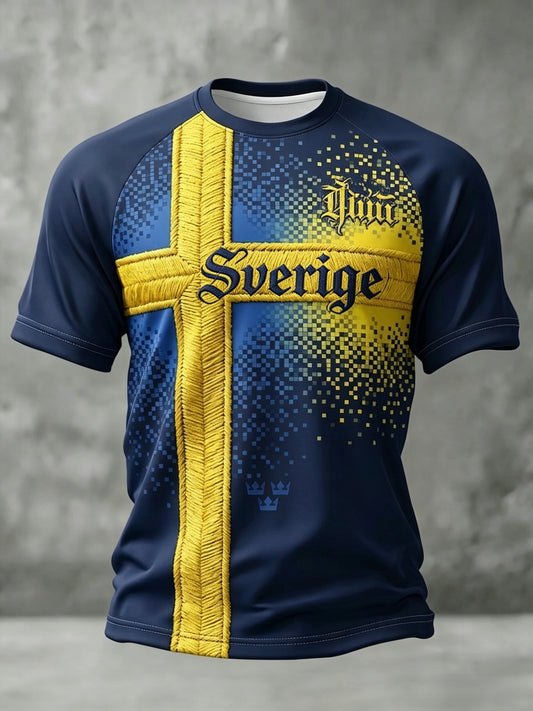 Herregenser i retrostil med svensk fotballmotiv og korte ermer, år 2026
