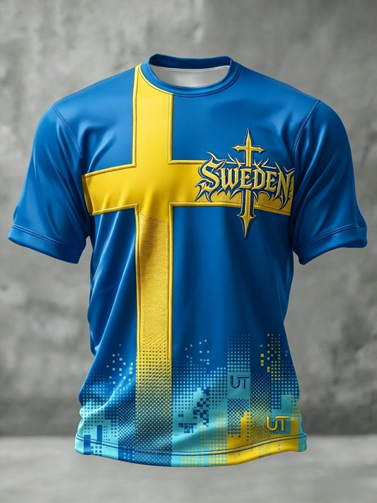 Herregenser i retrostil med svensk fotballmotiv og korte ermer, år 2026