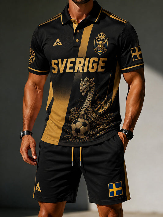 Herresett med polo og kortbukse med fotballmotiv