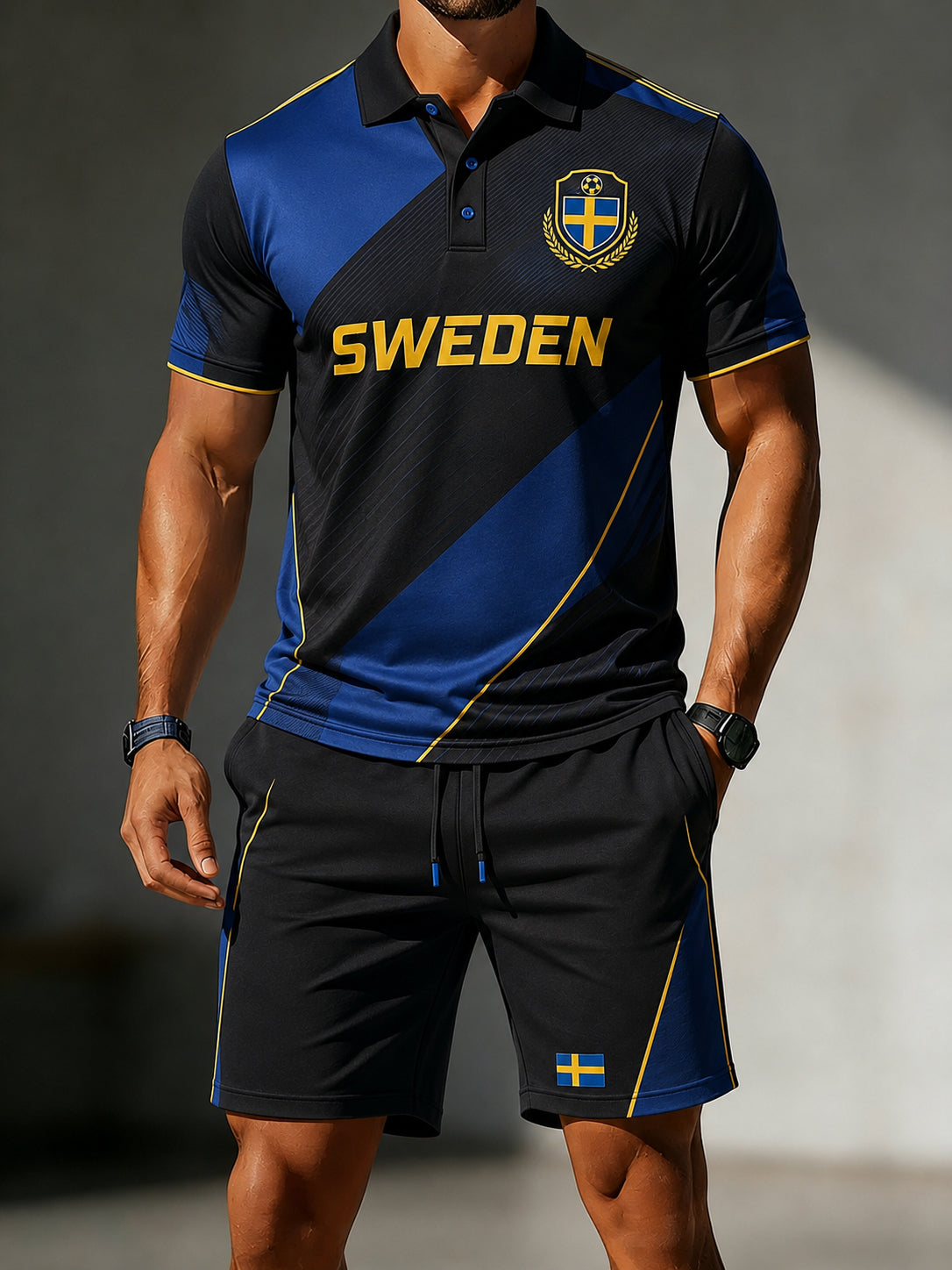 Mäns fotboll-tema Print Short-Sleeve Polo Shorts Set