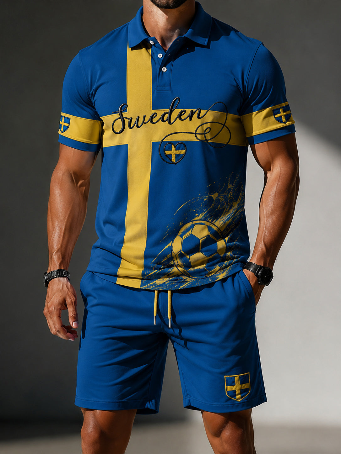 Herrset med polo och korta byxor med fotbollsmotiv