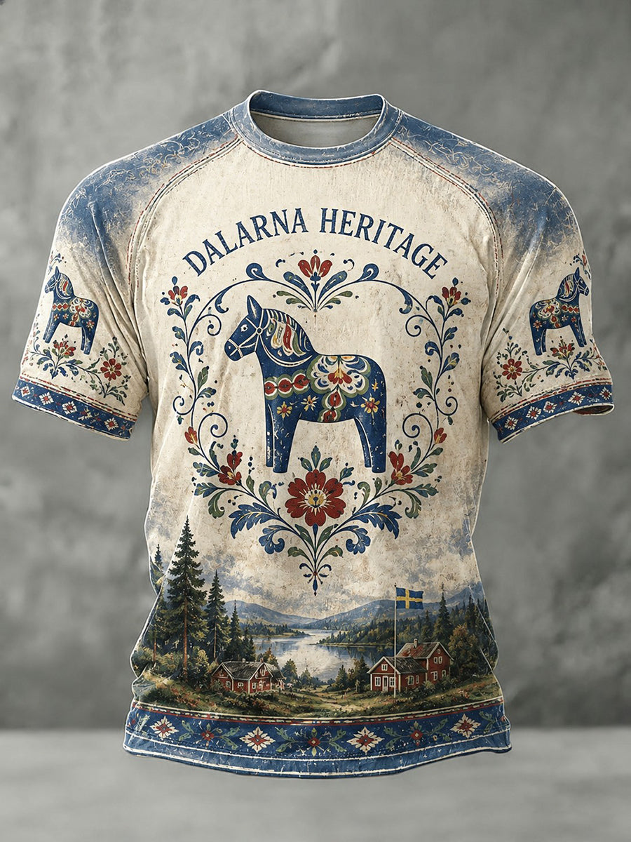 Mäns svenska Dala Häst Tryckt Casual korta ärmar t-shirt