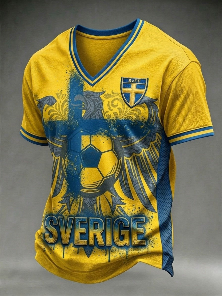 Herr Retro Svensk fotbollsfläkt Casual Sporty V-hals T-shirt