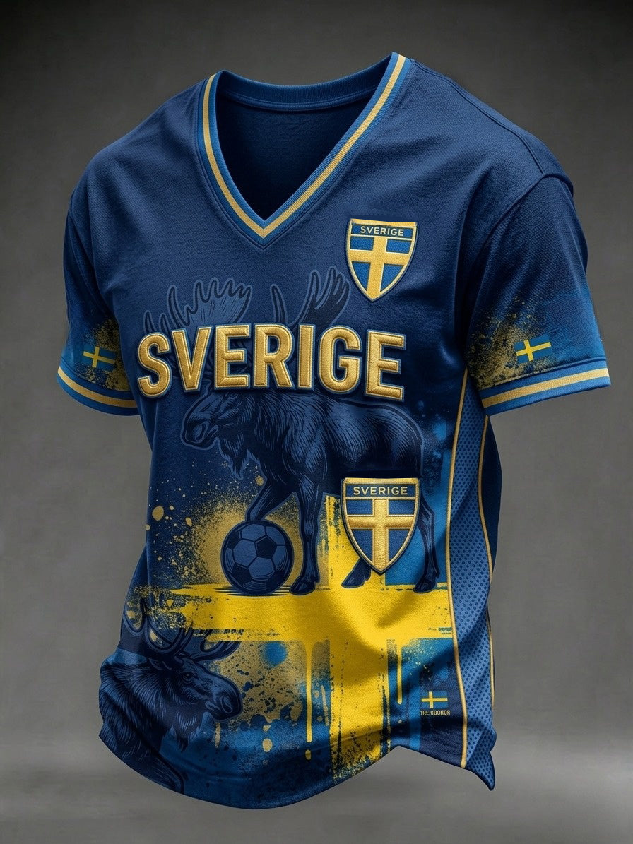 Herrar Retro Svensk Fotbollssupporter Lätt Sportig T-shirt med V-ringning