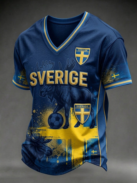 Herrer Retro Svensk Fotballsupporter Lett Sporty V-hals T-skjorte