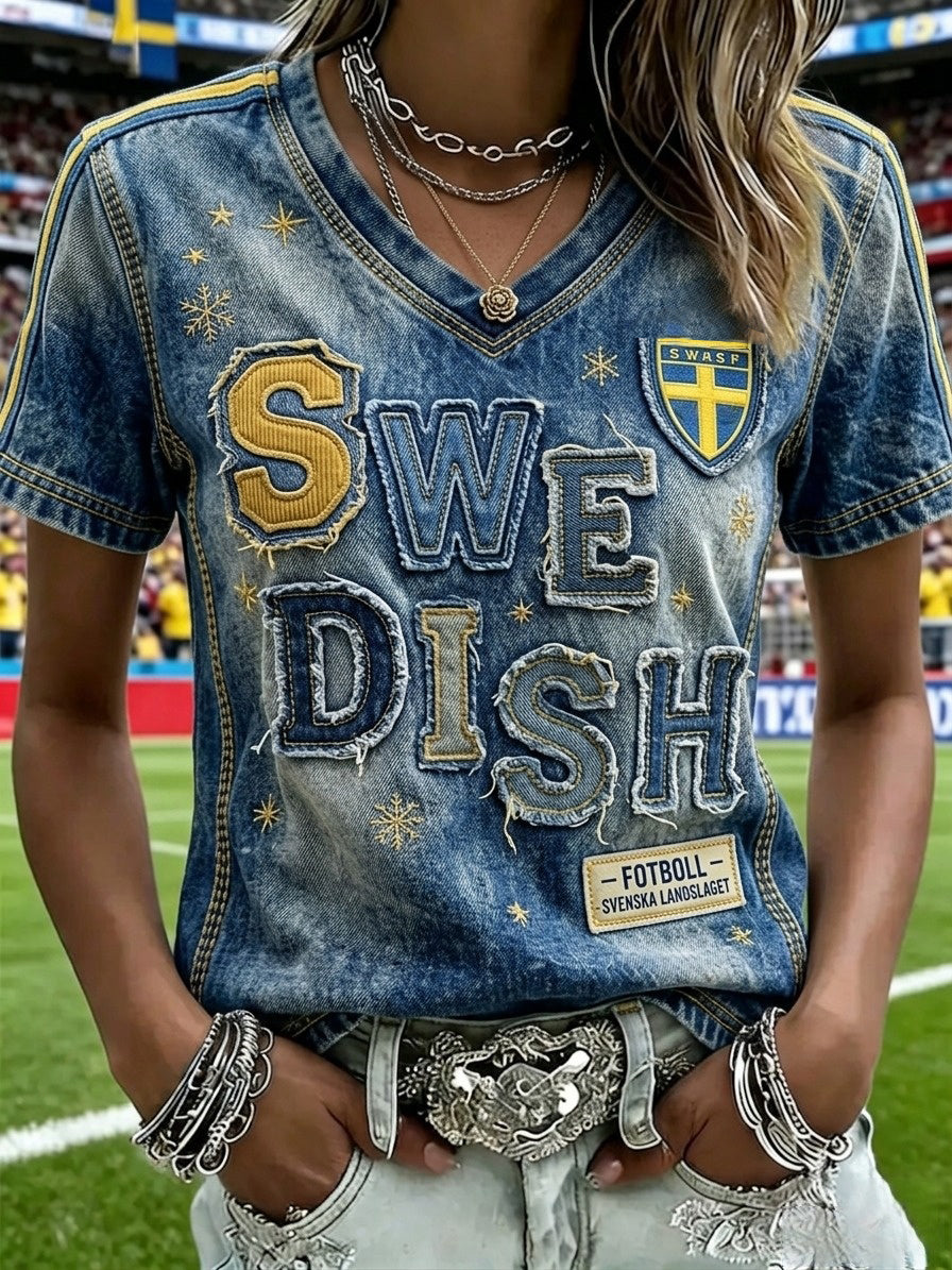 Kvinnor Retro Svensk fotbollsfläkt Casual V-hals T-shirt