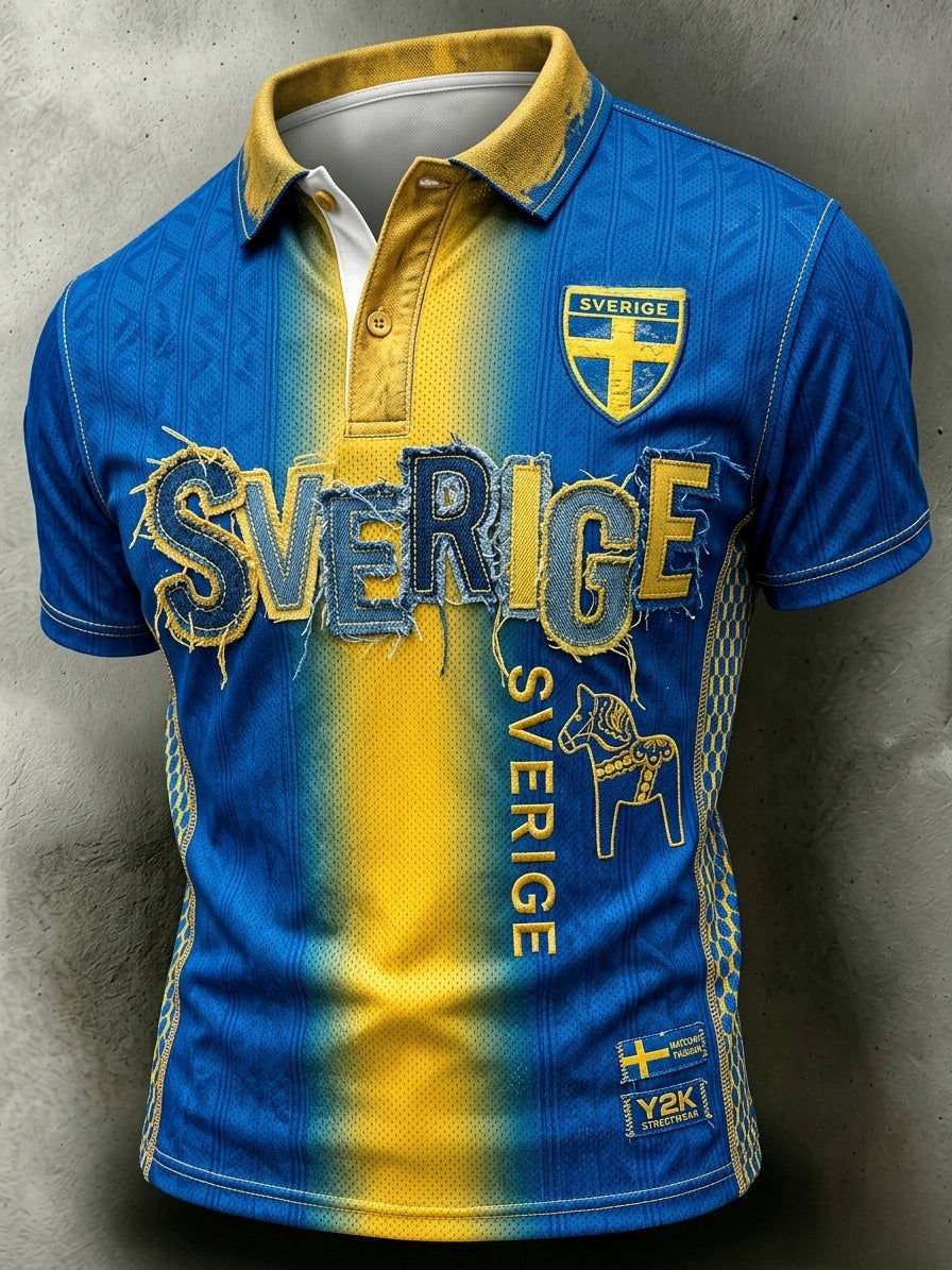 Herrpolskjorta i retrostil för svenska fotbollssupportrar, avslappnad och sportig