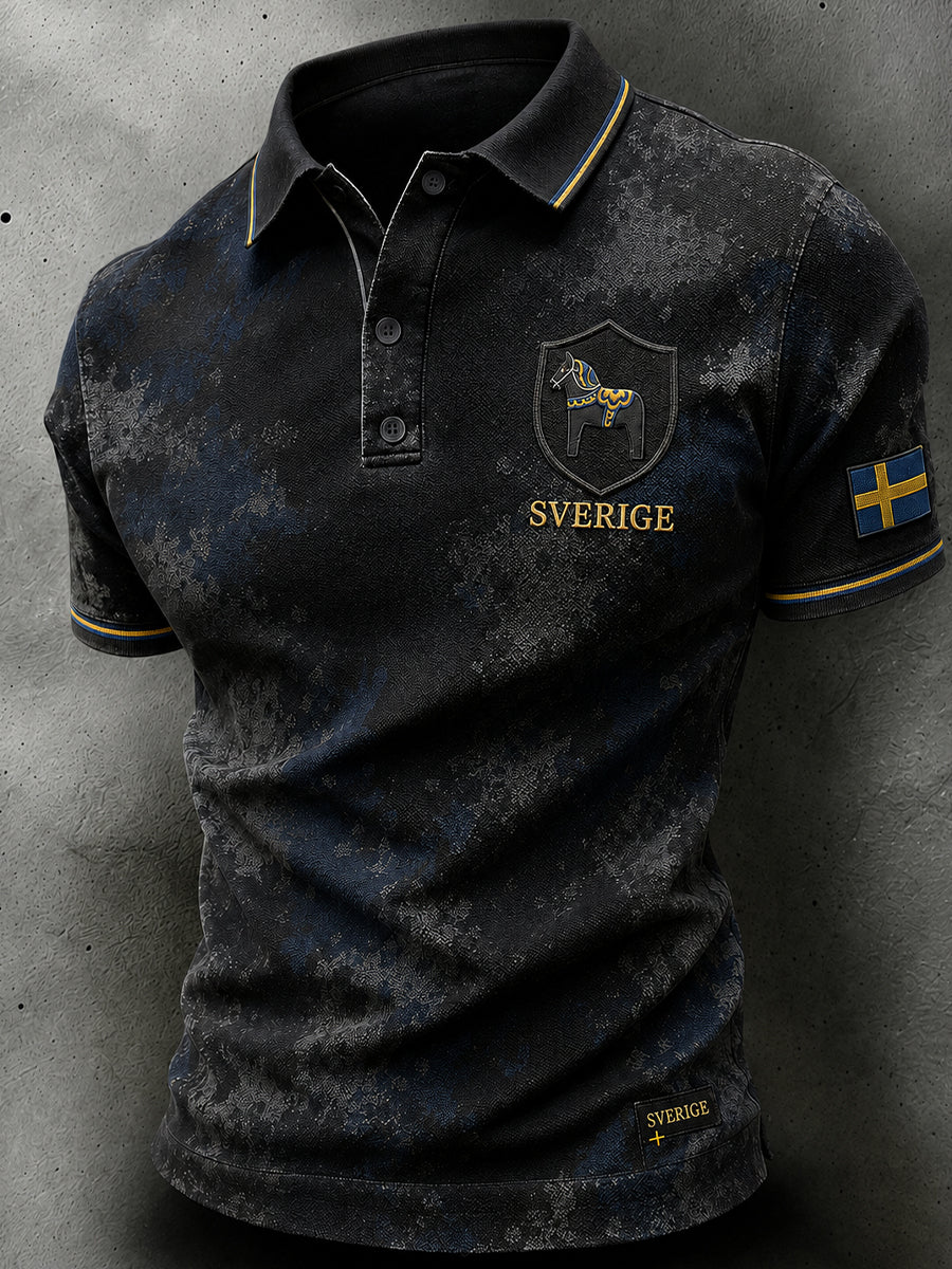 Menns retro poloskjorte i nordisk stil med norsk kunsttrykk