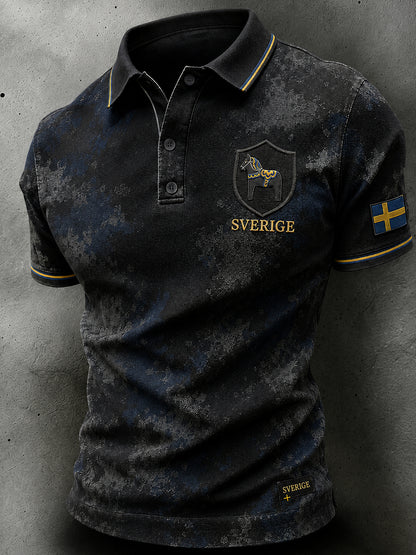 Menns retro poloskjorte i nordisk stil med norsk kunsttrykk