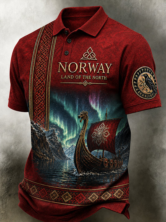 Herre retro polotrøye i nordisk stil med norsk kunsttrykk