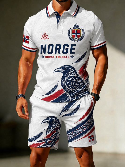Menns retro nordisk stil norsk fotballfan uformell 2-delt draktsett med kunstnerisk trykk