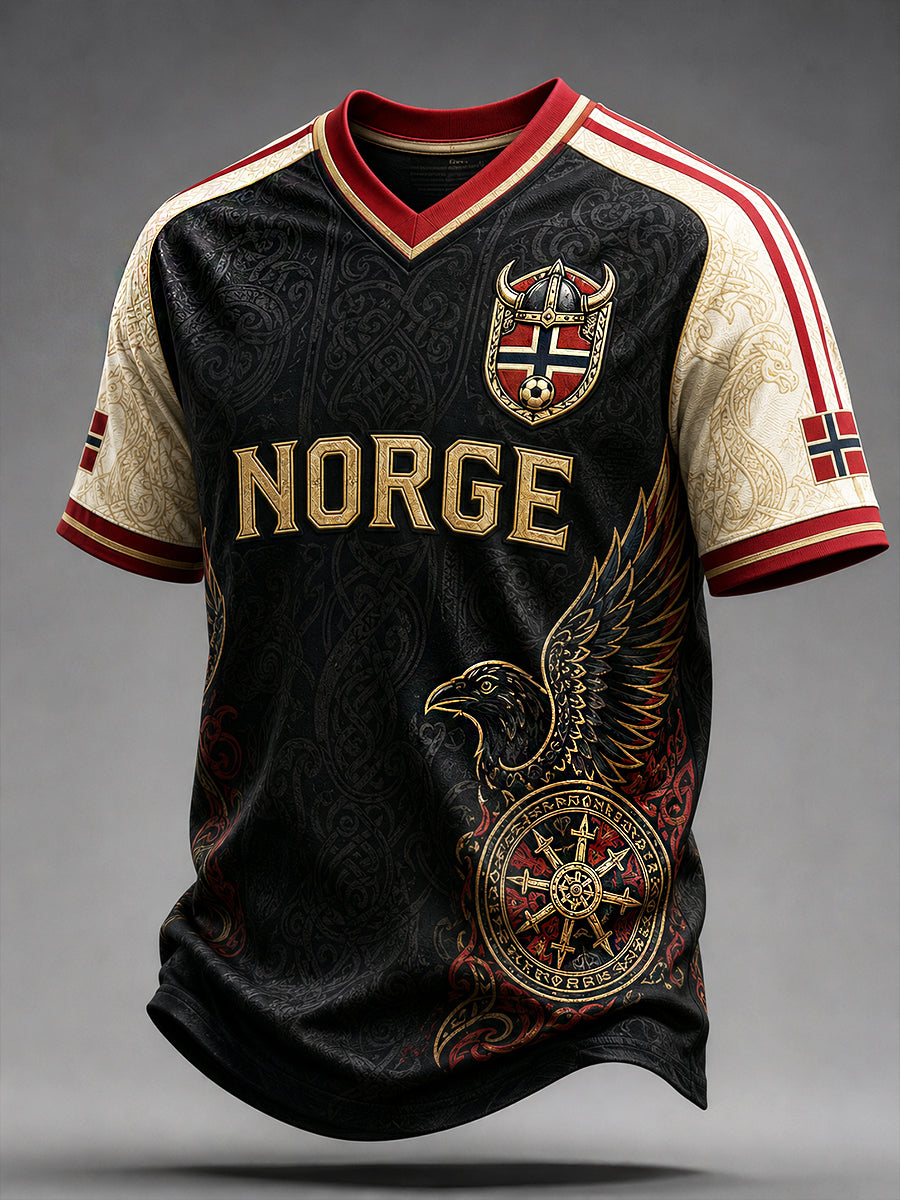 Menns retro nordisk stil norsk fotballfan-fritidsdrakt med kunstnerisk trykk