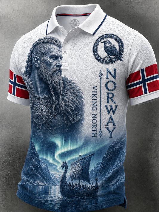 Herre retro polotrøye i nordisk stil med norsk kunsttrykk