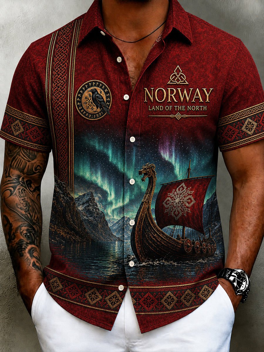 Menns Retro Nordisk-stil Skjorte med norsk kunsttrykk