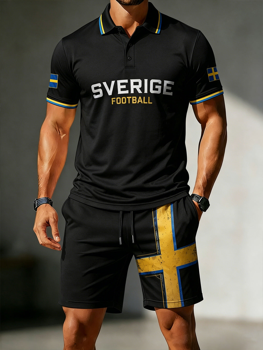 Herrset med pikétröja och shorts med fotbollsmotiv