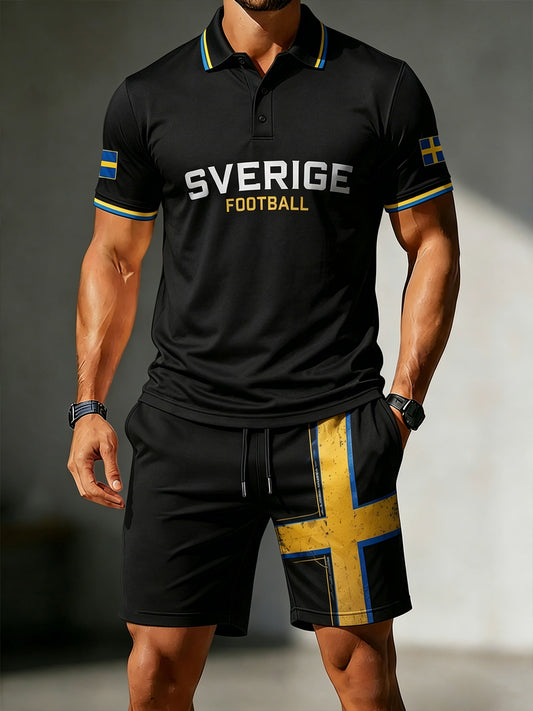 Herresett med pikégenser og shorts med fotballmotiv