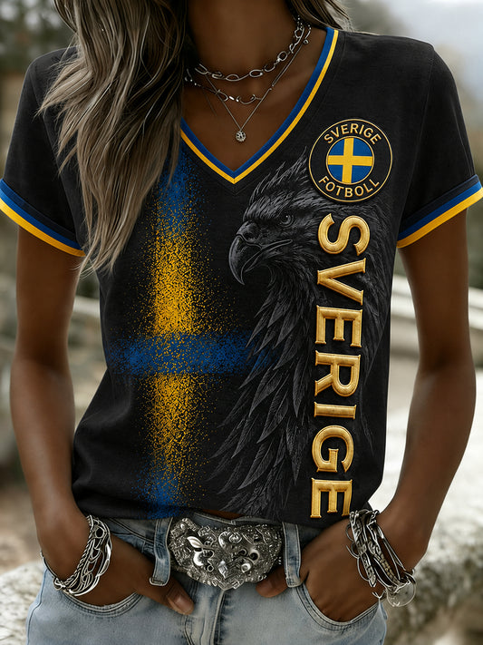 Retro svensk fotballfan kunst trykk uformell V-hals topp