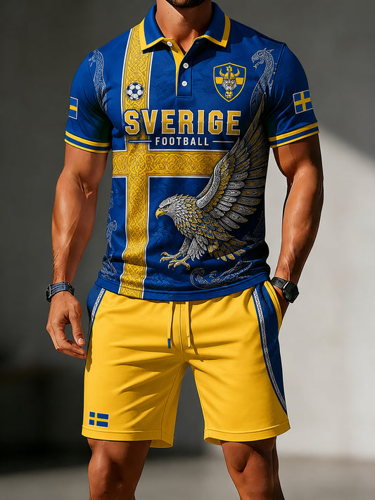 Herresett med pikégenser og shorts med fotballmotiv