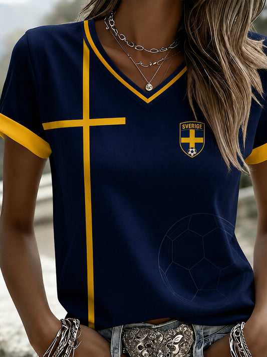 Retro svensk fotballfanart-print avslappet v-halset topp