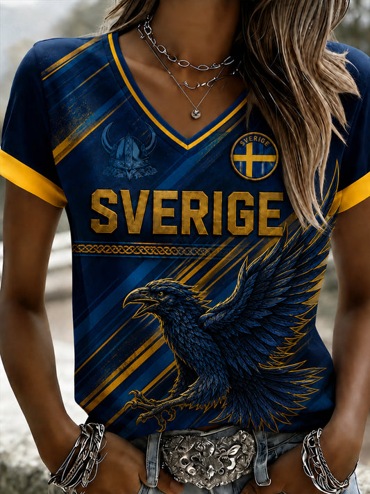 Retro svensk fotballfanart-print avslappet v-halset topp