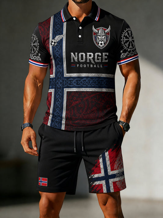 Menns retro vikingfotballprint poloskjorte med korte ermer, sett