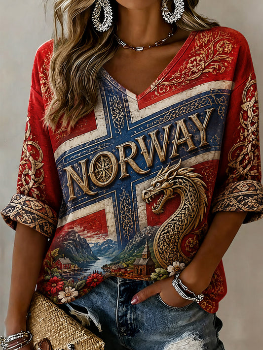 Damelue med retro vikingmotiv og V-hals