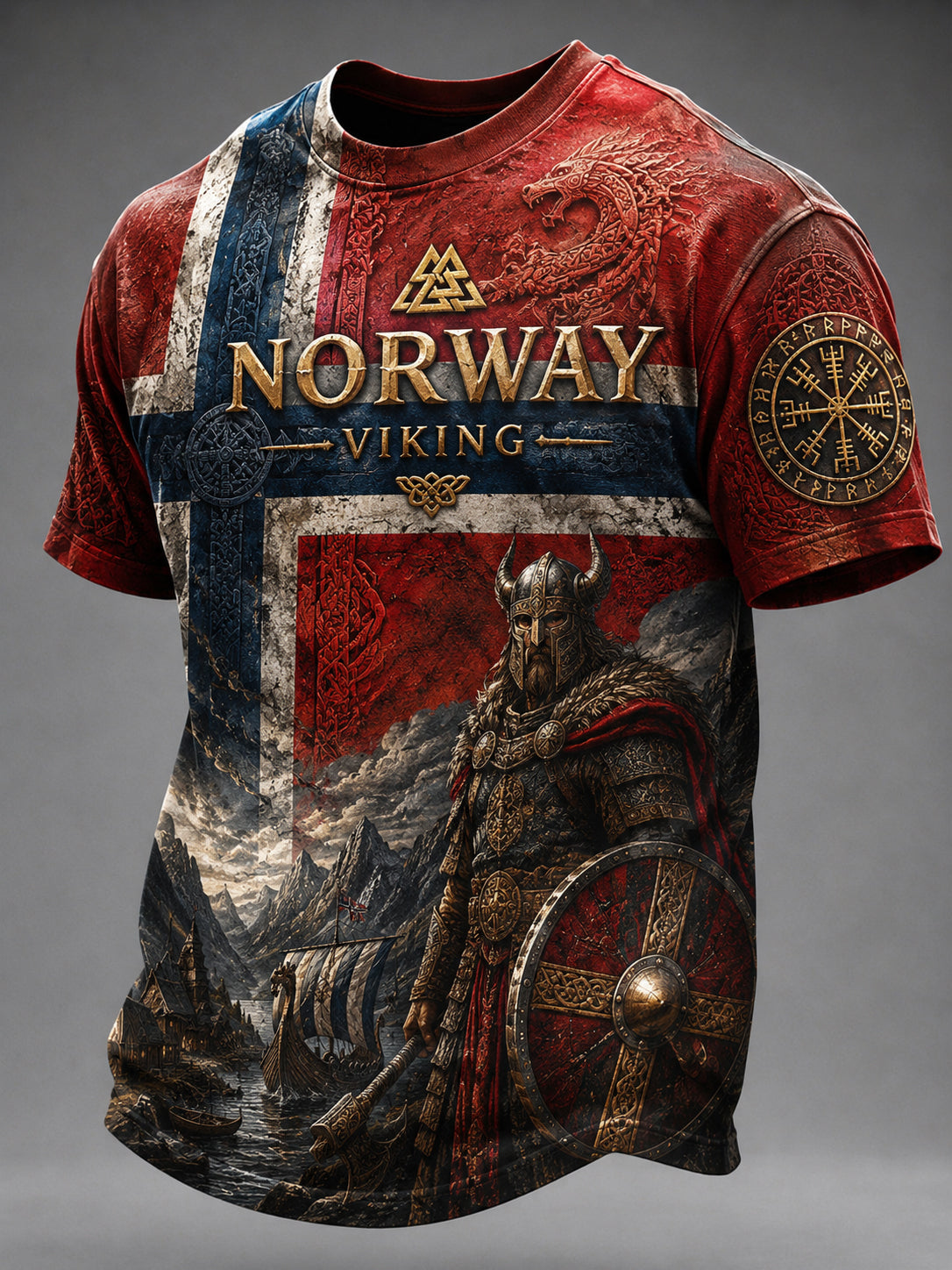 Herrer T-skjorte med kort ermer og retro vikingmotiv