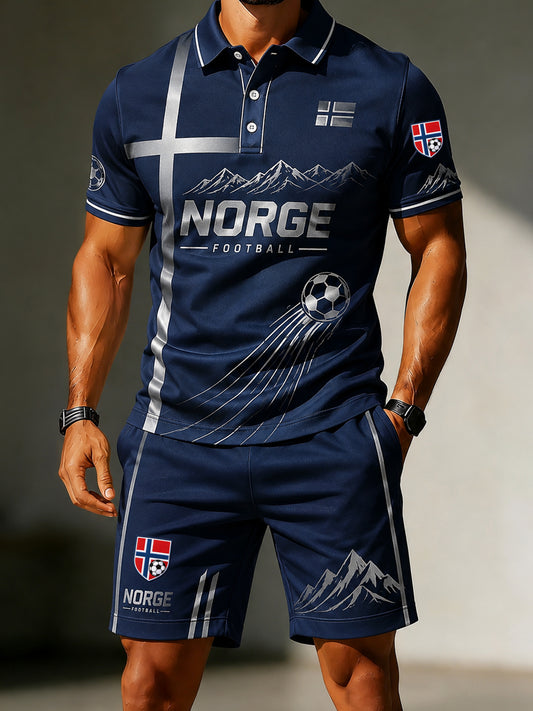 Piquésett for herre med fotballfantomotiver og kunsttrykk fra Norge
