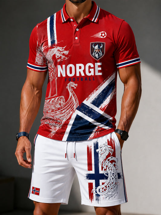 Herre retro vikingfotballprint poloskjorte med korte ermer, sett