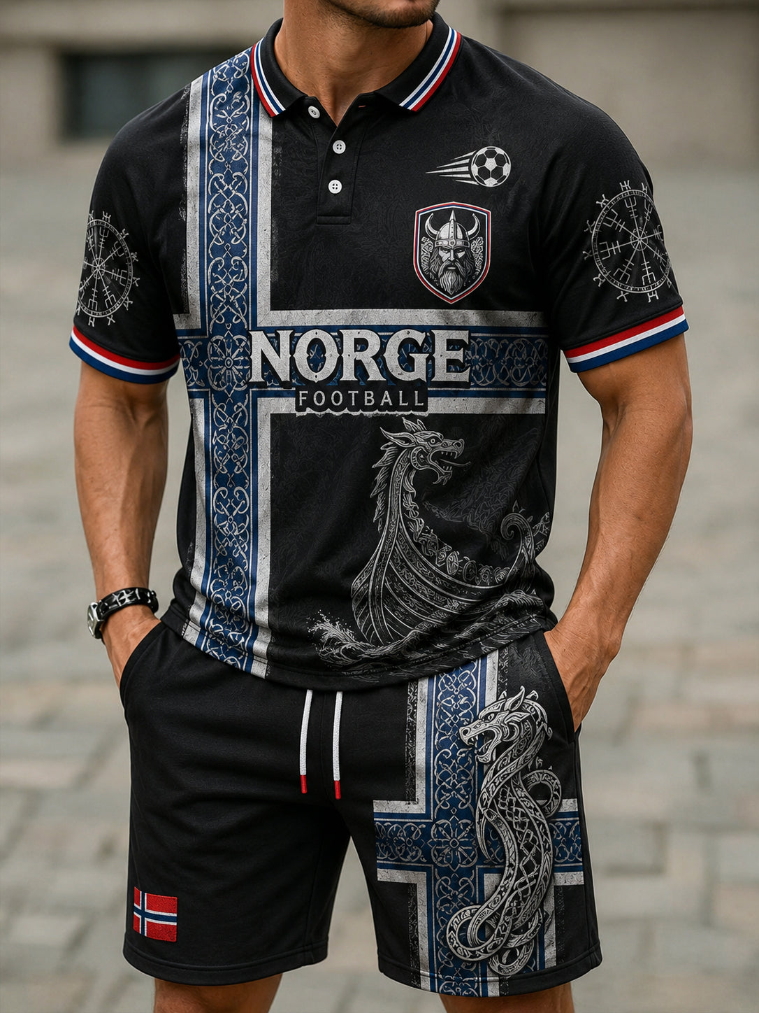 Menns retro vikingfotballprint poloskjorte med korte ermer, sett