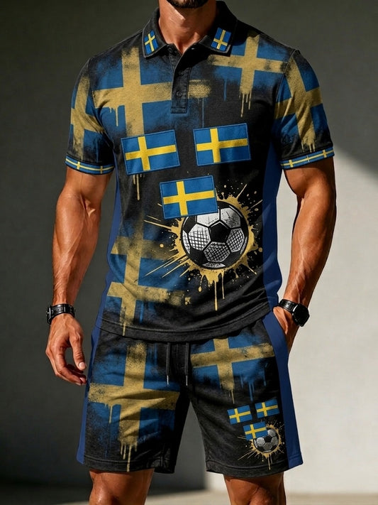 Herre Retro Sverige Fotballdrakt 2026 Trykt Avslappet Poloskjorte- og Shortssett