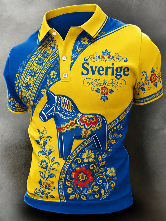 Kunstnerisk trykt pologenser for menn til minne om Sveriges nasjonaldag